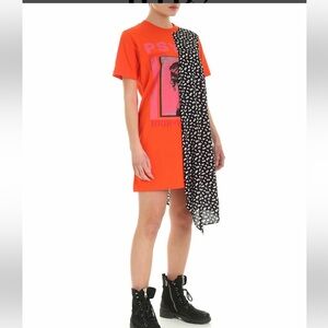MCQ Alexander McQueen Asymmetric Cotton Dress Orange Black Floral – XXS